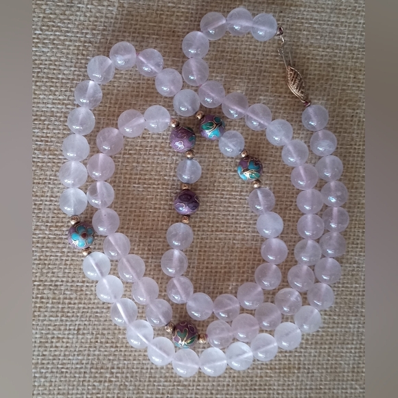 14k Clasp Spacers Rose Quartz Beaded Single Strand Cloisonne Necklace - Picture 8 of 14